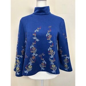 Zara Woman Royal Blue Faux Suede Embroidered Floral Mock Neck Top XS